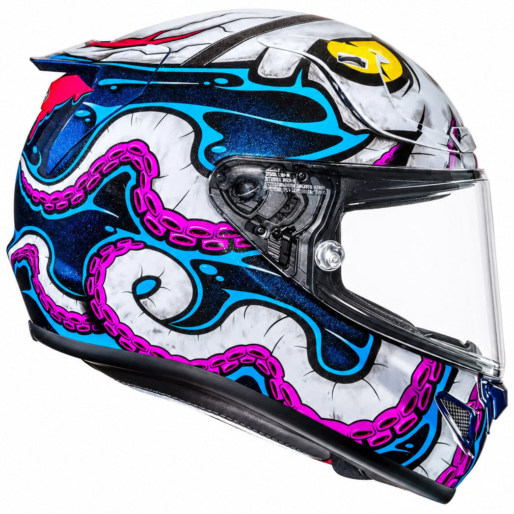 HJC RPHA 12 Kraken Blue / Purple / White, alternate full-face motorcycle helmet angle on white background