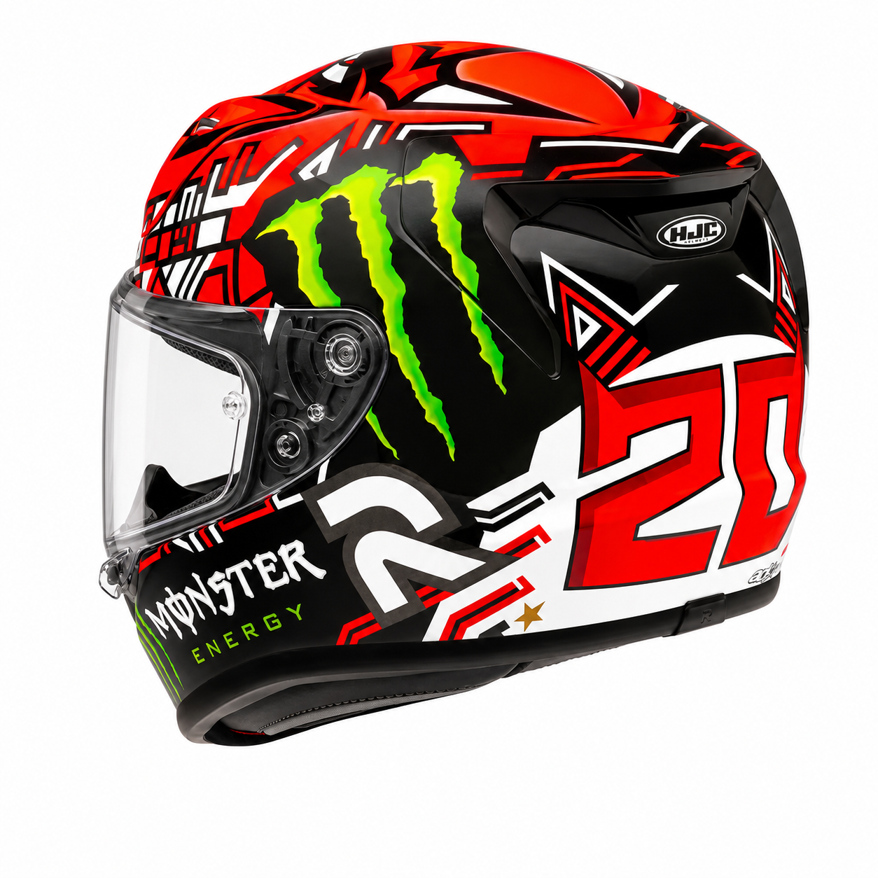 HJC RPHA 12 Quartararo Edition 2025 MC1 Black / Red, alternate full-face motorcycle helmet angle on white background