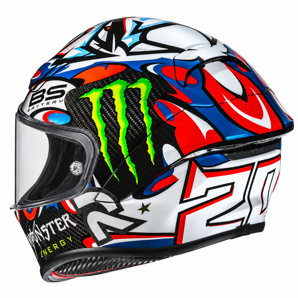 HJC RPHA 1 V2 Carbon Quartararo Le Mans 3 MC21 White / Red / Blue, alternate full-face motorcycle helmet angle on white background