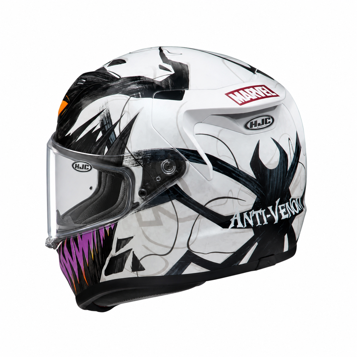 HJC RPHA 12 Anti Venom 2 MC8 Black / White / Purple, alternate full-face motorcycle helmet angle on white background
