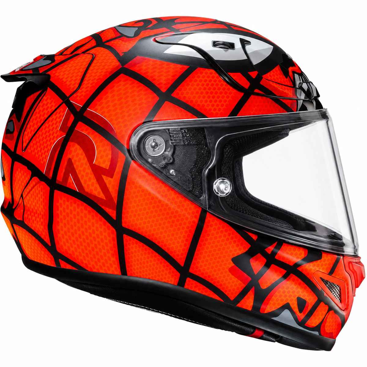 HJC RPHA 12 Maximized Venom Marvel MC1SF Black / Red, alternate full-face motorcycle helmet angle on white background