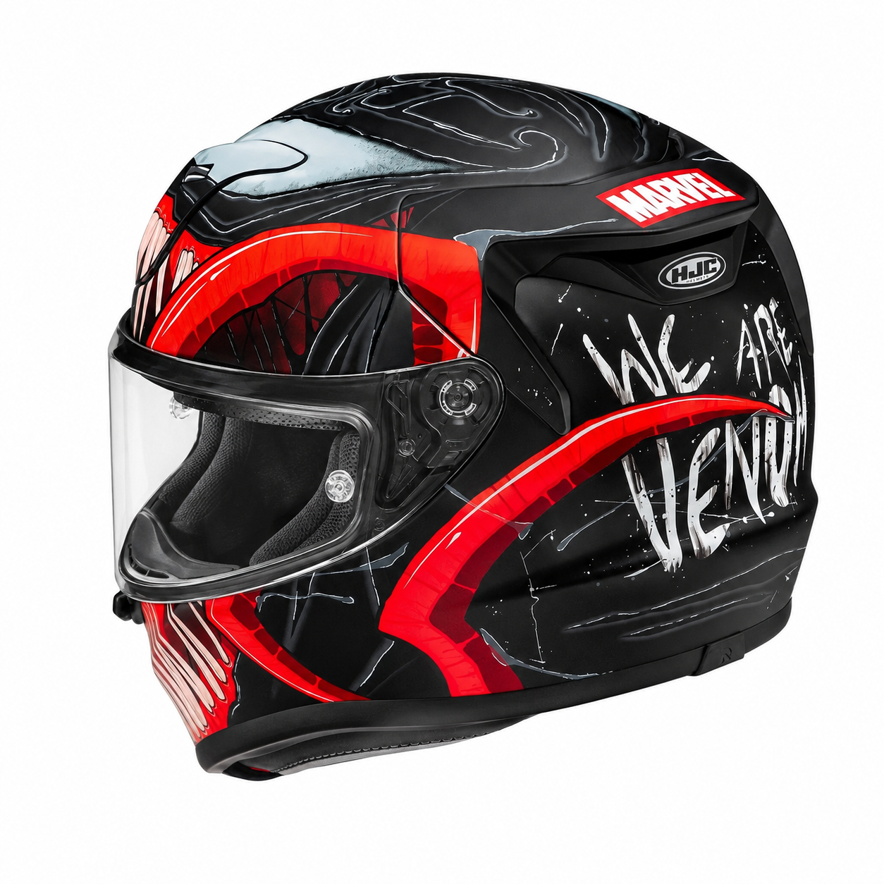 HJC RPHA 12 Venom 3 Marvel MC1SF Black / Red, alternate full-face motorcycle helmet angle on white background