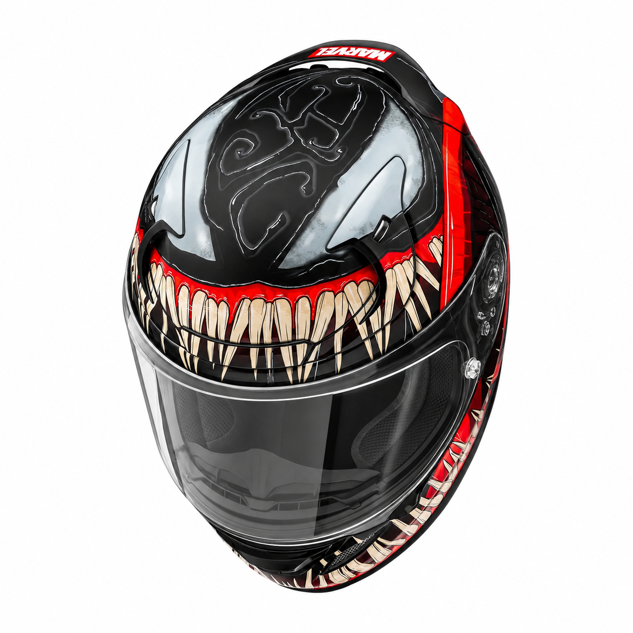 HJC RPHA 12 Venom 3 Marvel MC1SF Black / Red, alternate full-face motorcycle helmet angle on white background