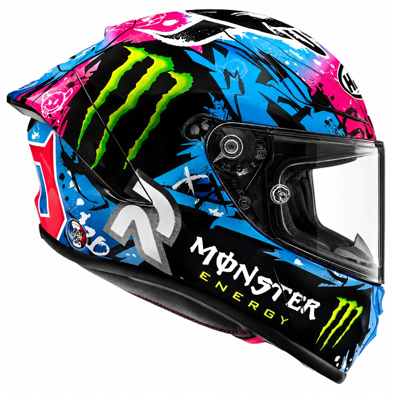 HJC RPHA 1 Quartararo Le Mans Special MC28 Black / Blue / Pink, rear-left view on white background