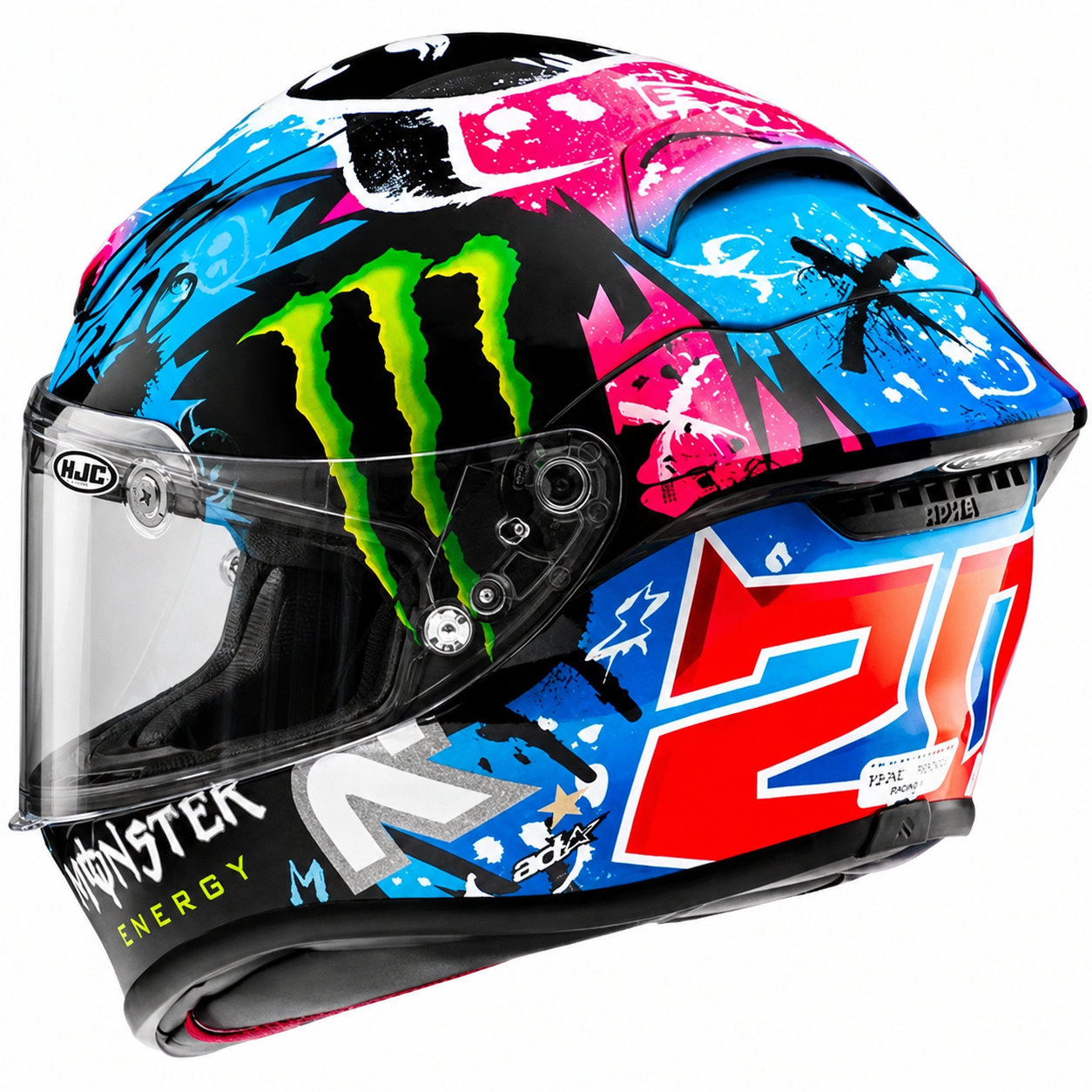 HJC RPHA 1 Quartararo Le Mans Special MC28 Black / Blue / Pink, rear-right view on white background