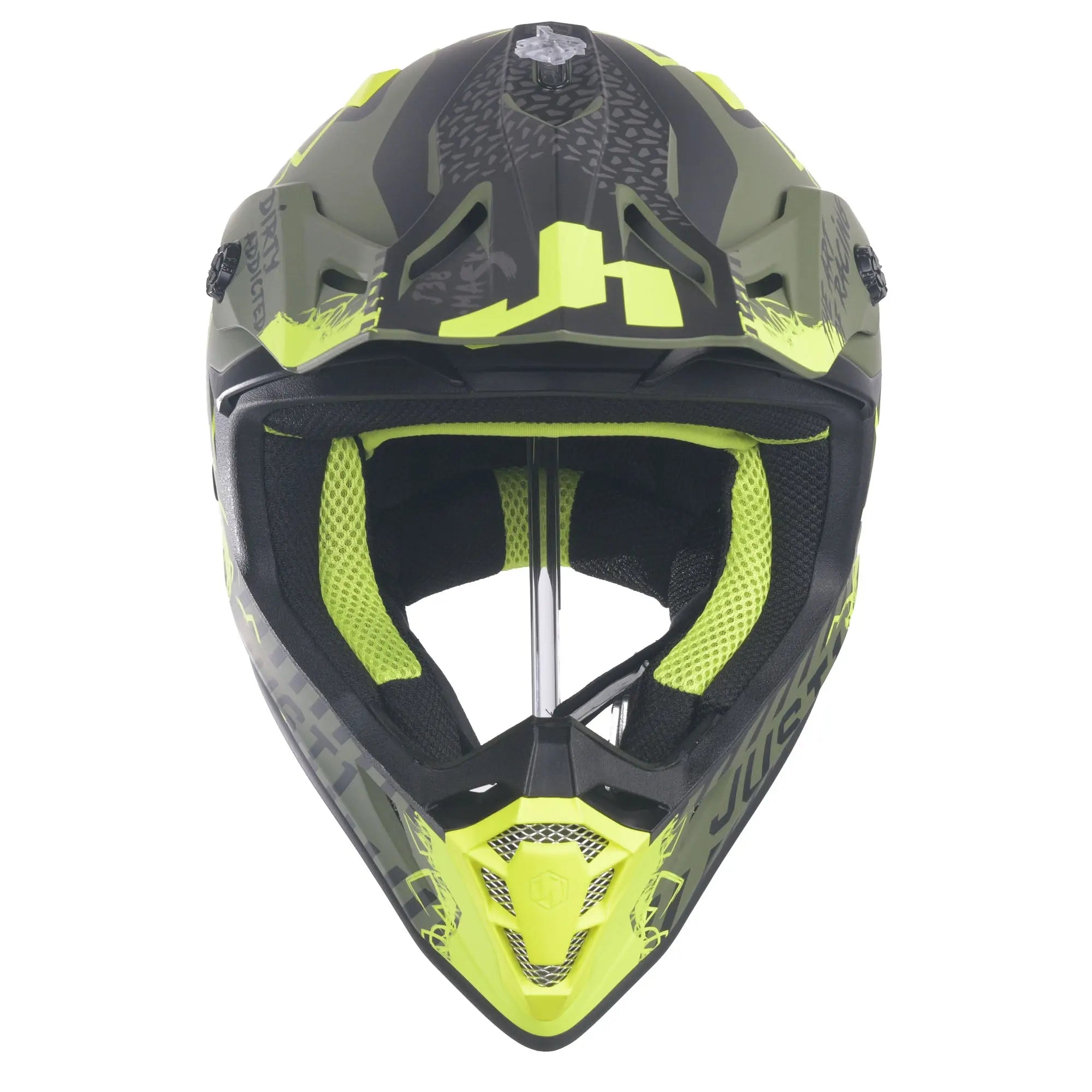 Just1 J38 MX Helmet Mask Fluo Yellow / Black / Matt Army Green - FREE UK Shipping, FREE 365 Day Returns | Moto Central
