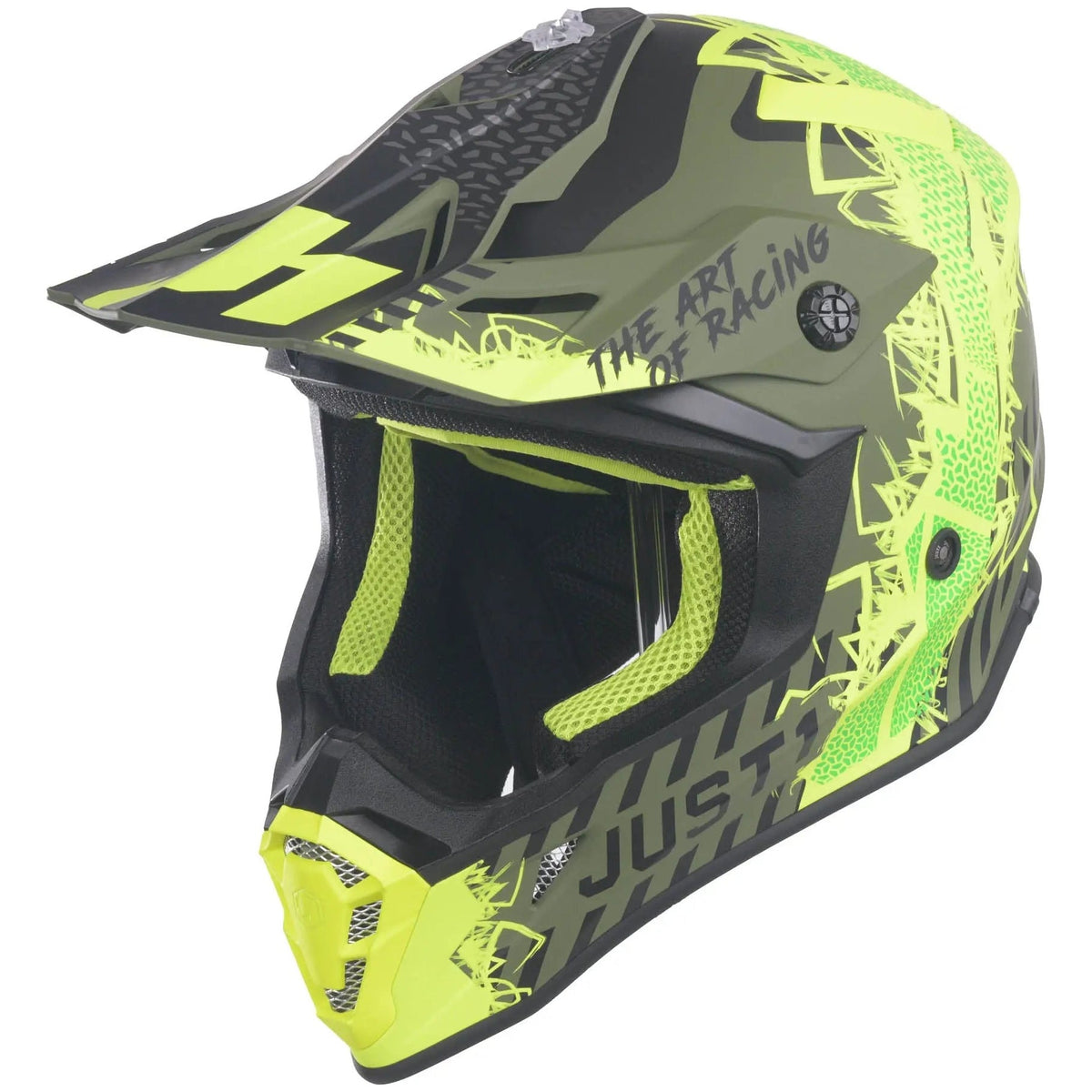 Just1 J38 MX Helmet Mask Fluo Yellow / Black / Matt Army Green - FREE UK Shipping, FREE 365 Day Returns | Moto Central