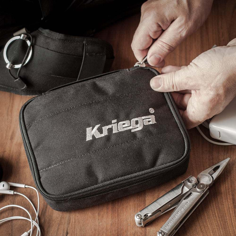 Kriega Kube Organizer Black - 1 Litre - shown with tools and accessories