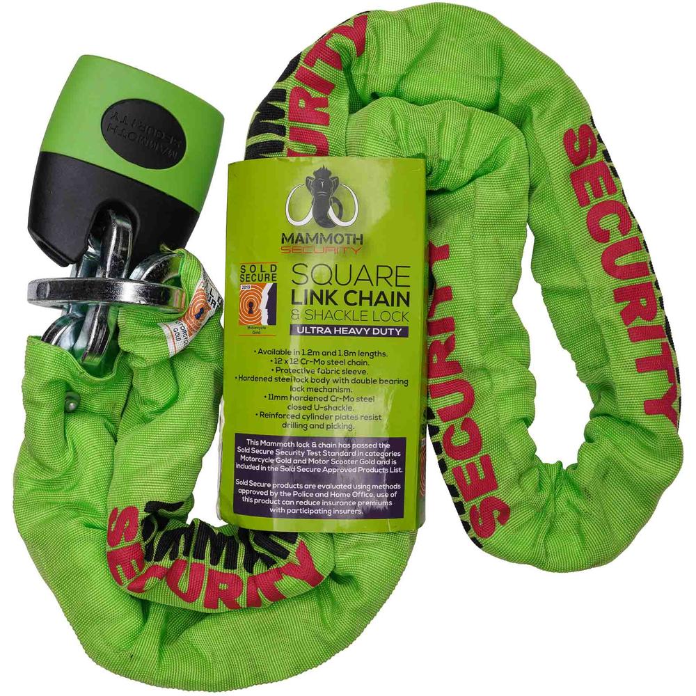 Mammoth Security Sold Secure Gold Approved 12mm X 1.8 M Square Chain With Shackle Lock