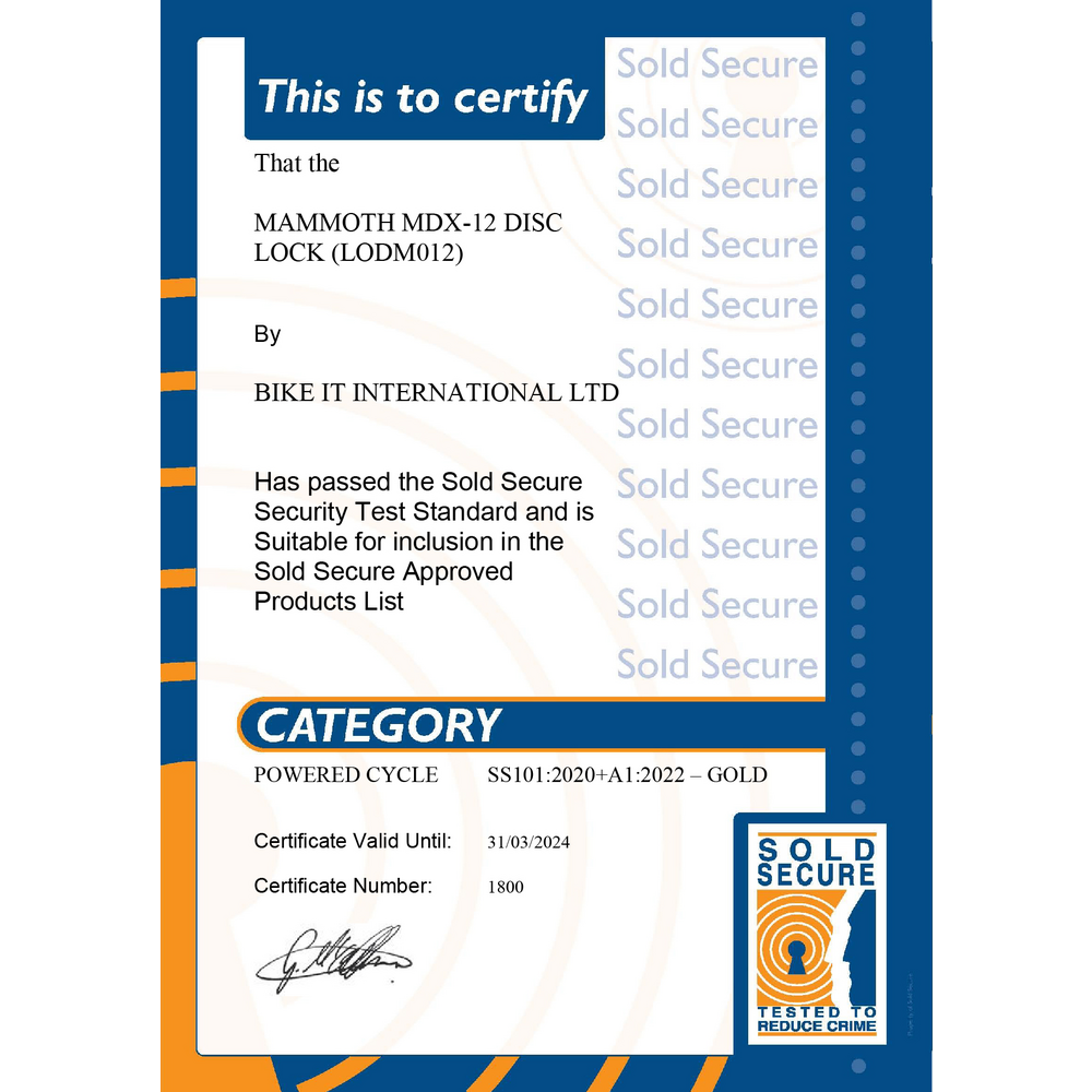 Mammoth Security MDX-12 Motorcycle Disc Lock 16 MM Sold Secure Gold Approved