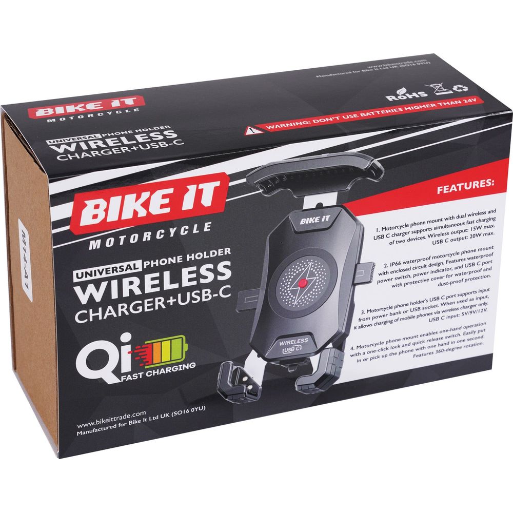 Bike It Universal Phone Holder Wireless Qi Charger + USB-C