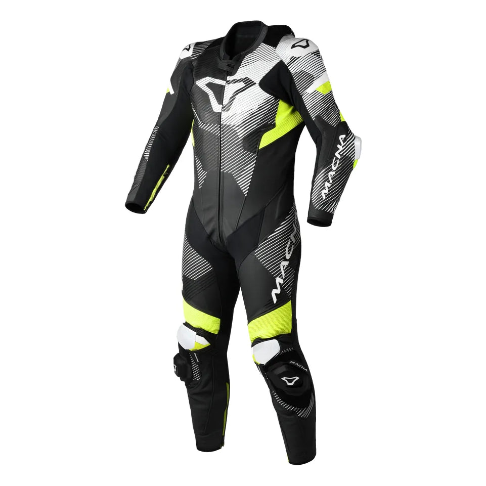 Macna Ignite 1-Piece Leather Suit Black / Yellow – one-piece motorcycle leather suit front view