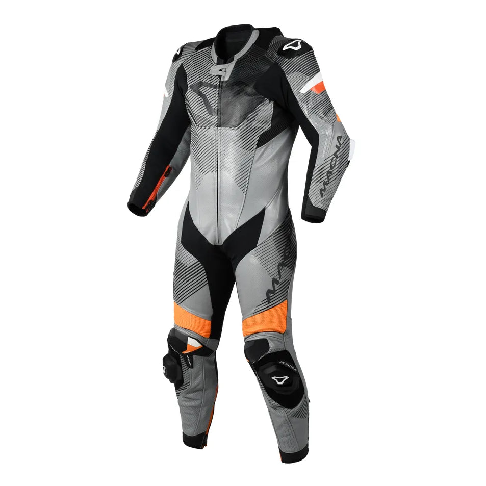 Macna Ignite 1-Piece Leather Suit Grey / Black / Orange – one-piece motorcycle leather suit front view