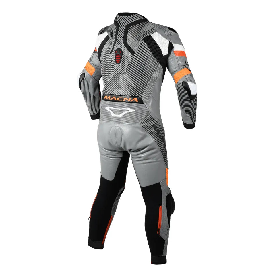 Macna Ignite 1-Piece Leather Suit Grey / Black / Orange – one-piece motorcycle leather suit rear view