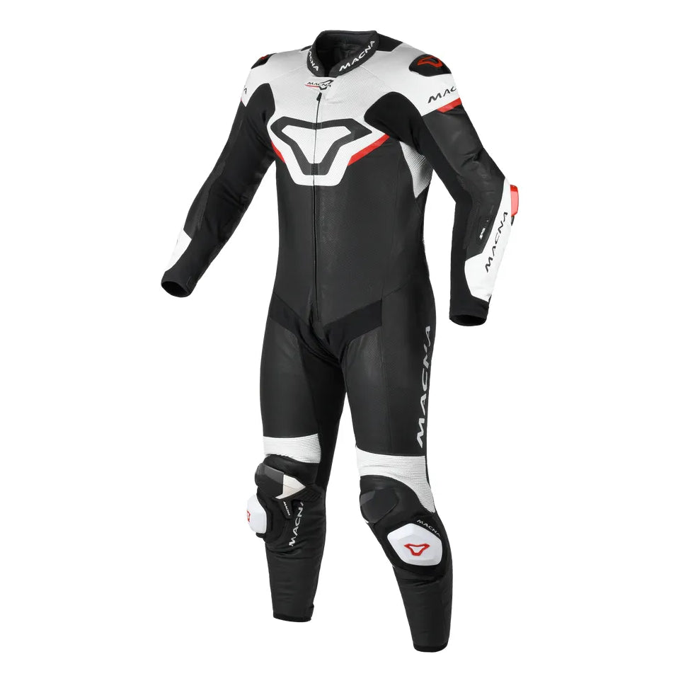 Macna Mizuro 1-Piece Leather Suit White / Red – one-piece motorcycle leather suit front view