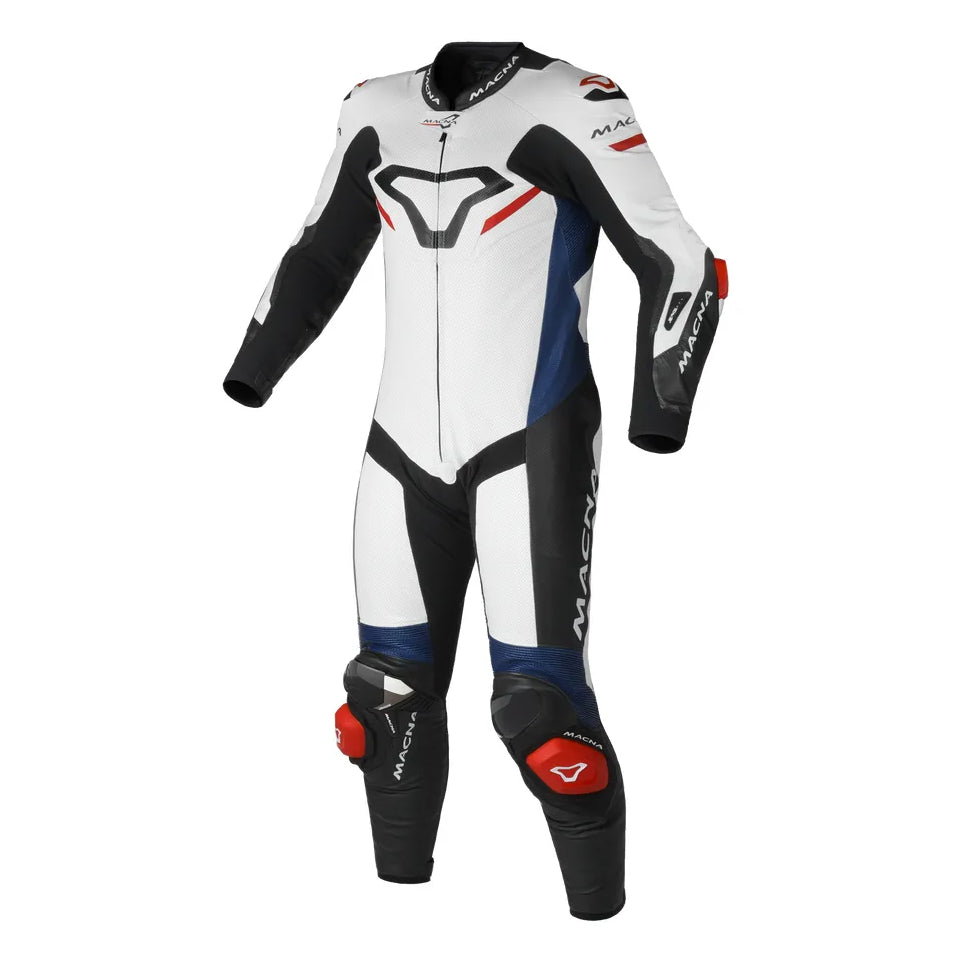 Macna Mizuro 1-Piece Leather Suit White / Blue – one-piece motorcycle leather suit front view