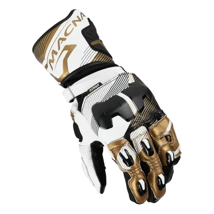 Macna Powertrack 2.0 Leather Gloves Black / White / Gold – back-of-hand view