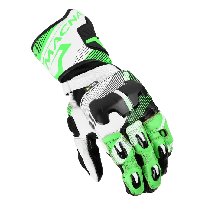 Macna Powertrack 2.0 Leather Gloves Black / Green / White – back-of-hand view