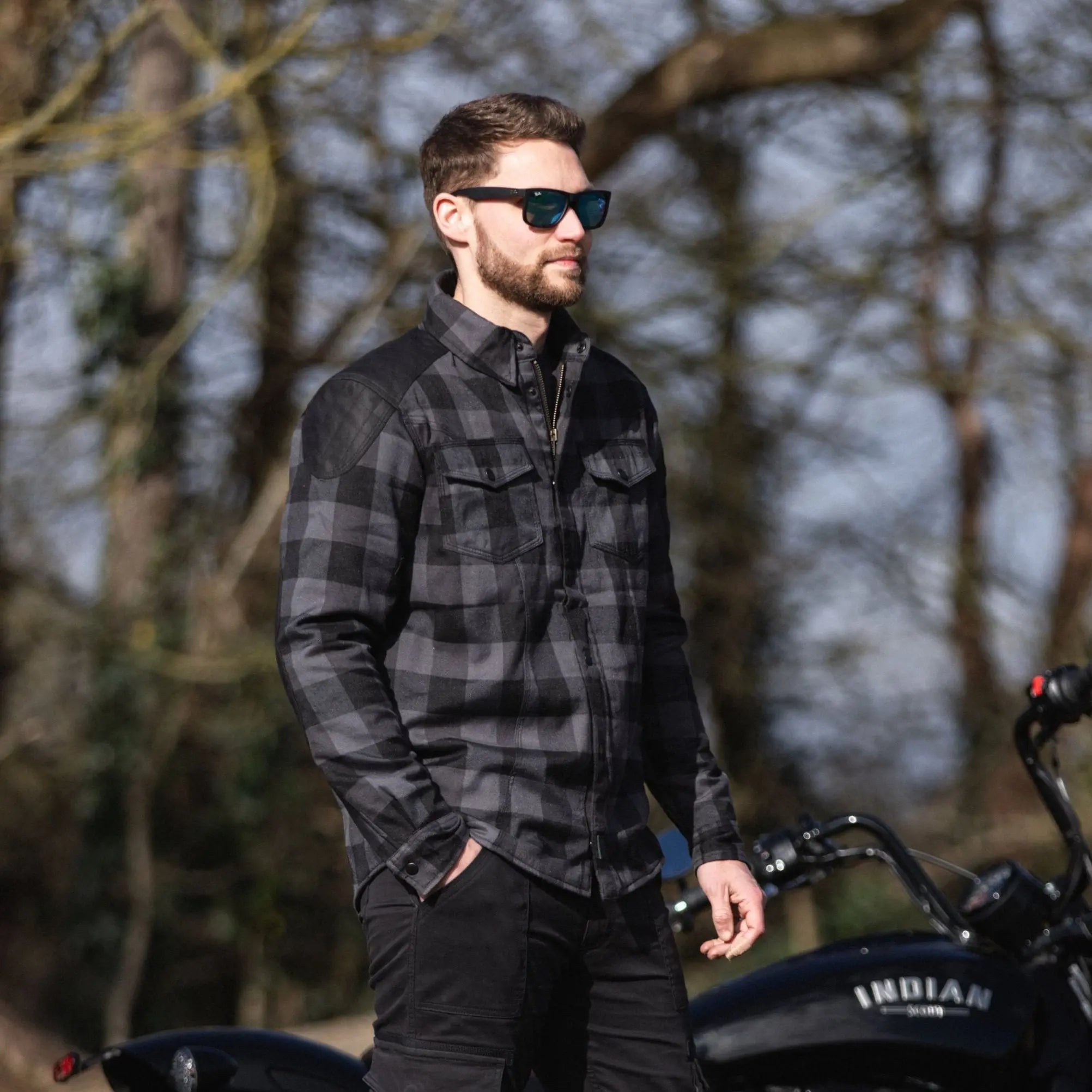 MotoBull Woody Flannel Textile Jacket Grey - FREE UK Shipping, FREE 365 Day Returns | Moto Central