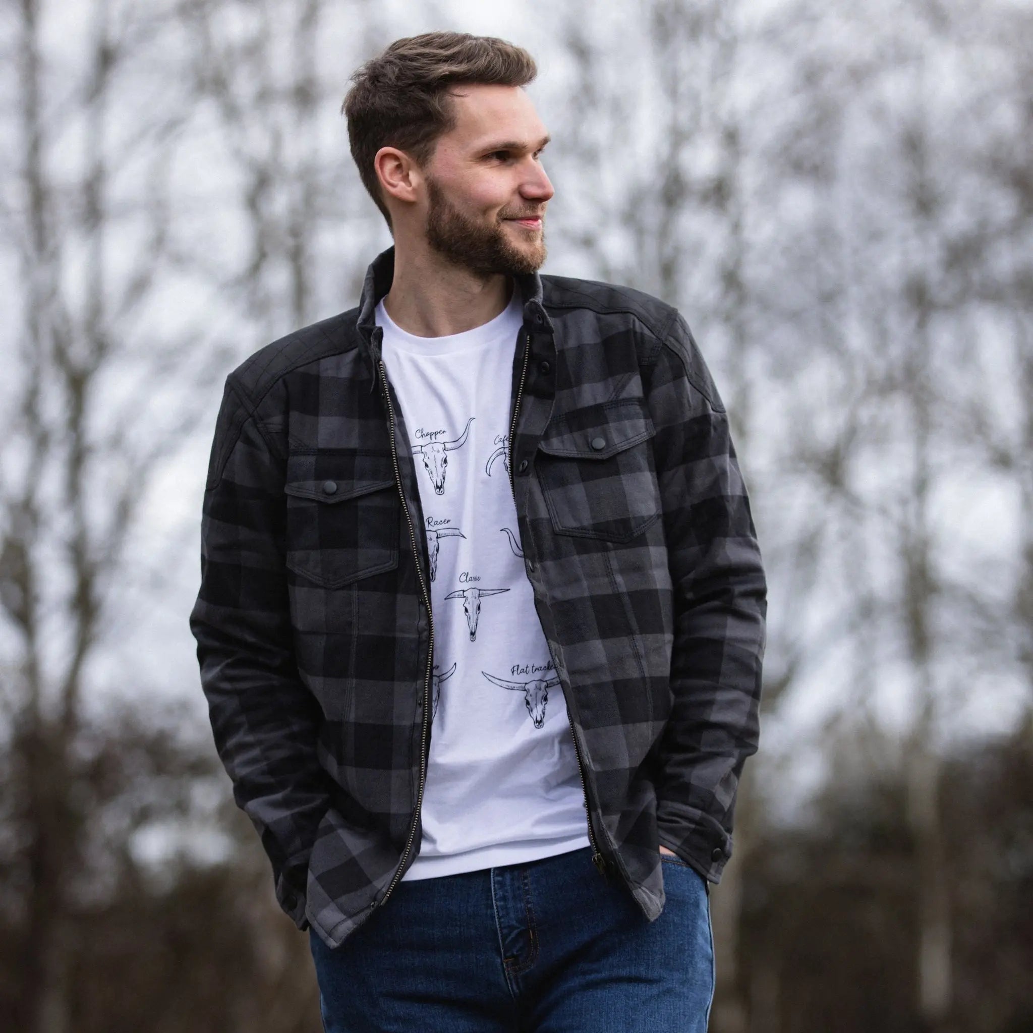 MotoBull Woody Flannel Textile Jacket Grey - FREE UK Shipping, FREE 365 Day Returns | Moto Central