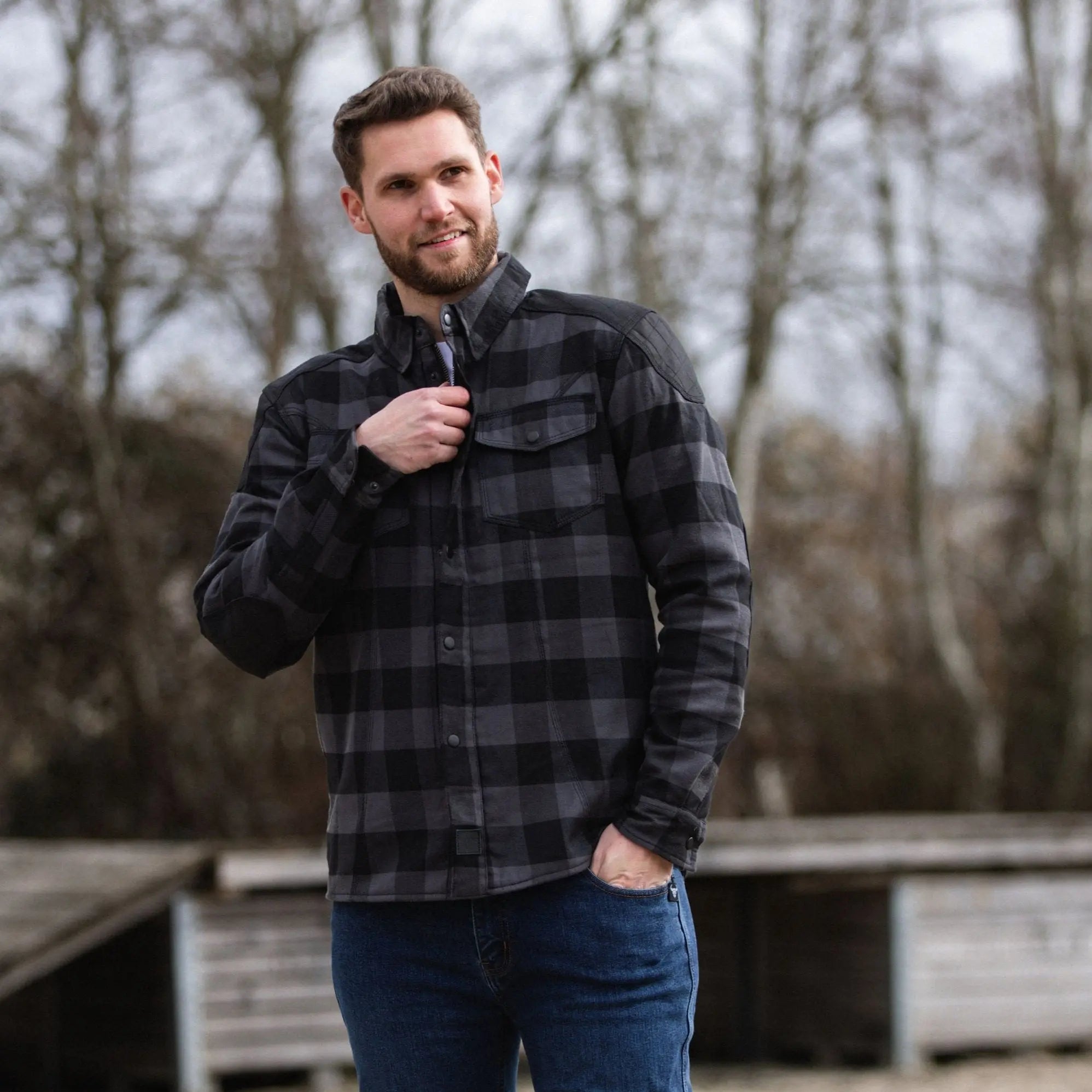 MotoBull Woody Flannel Textile Jacket Grey - FREE UK Shipping, FREE 365 Day Returns | Moto Central