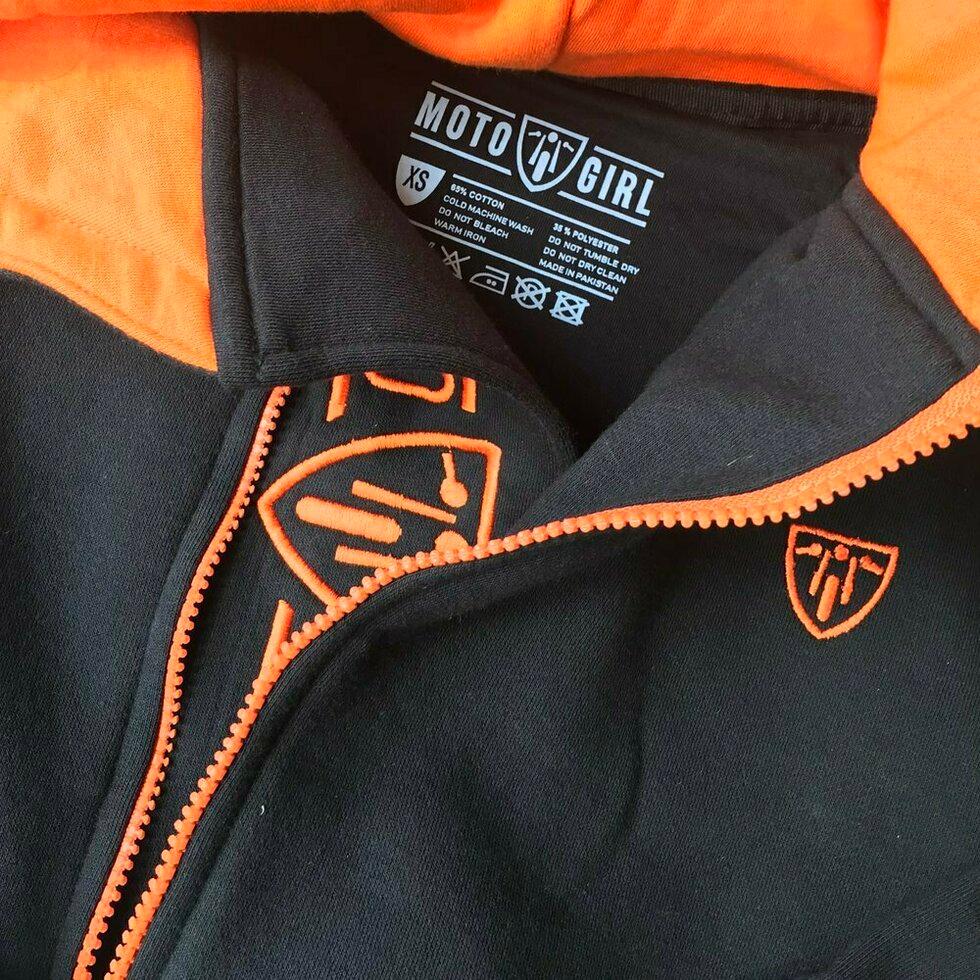 MotoGirl Helmet Ladies Hoodie Black / Orange