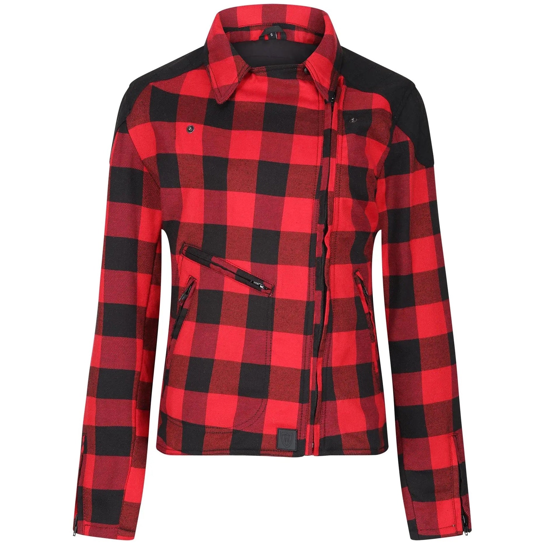MotoGirl Jessie Flannel Ladies Textile Jacket Red — front view with jacket closed