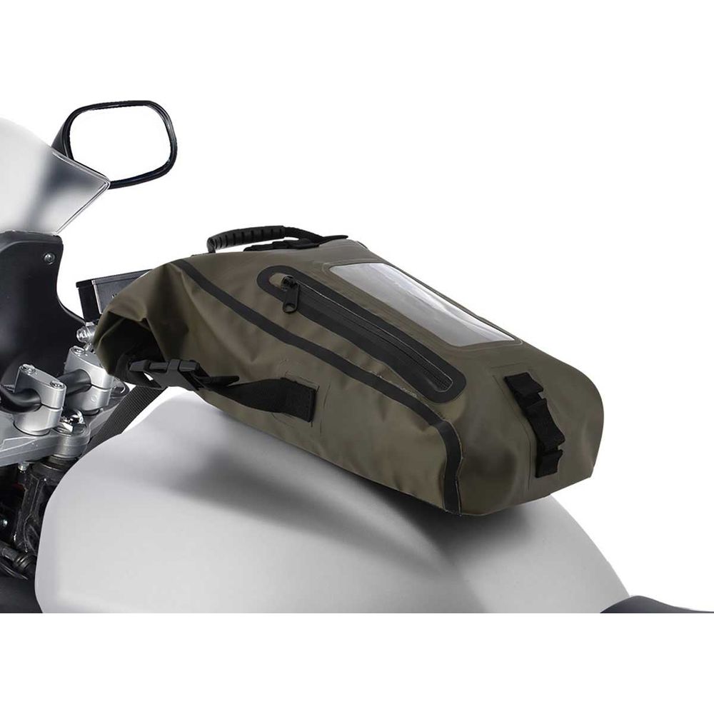Oxford Aqua M8 Tank Bag Khaki / Black - 8 Litres fitted to motorcycle tank side view