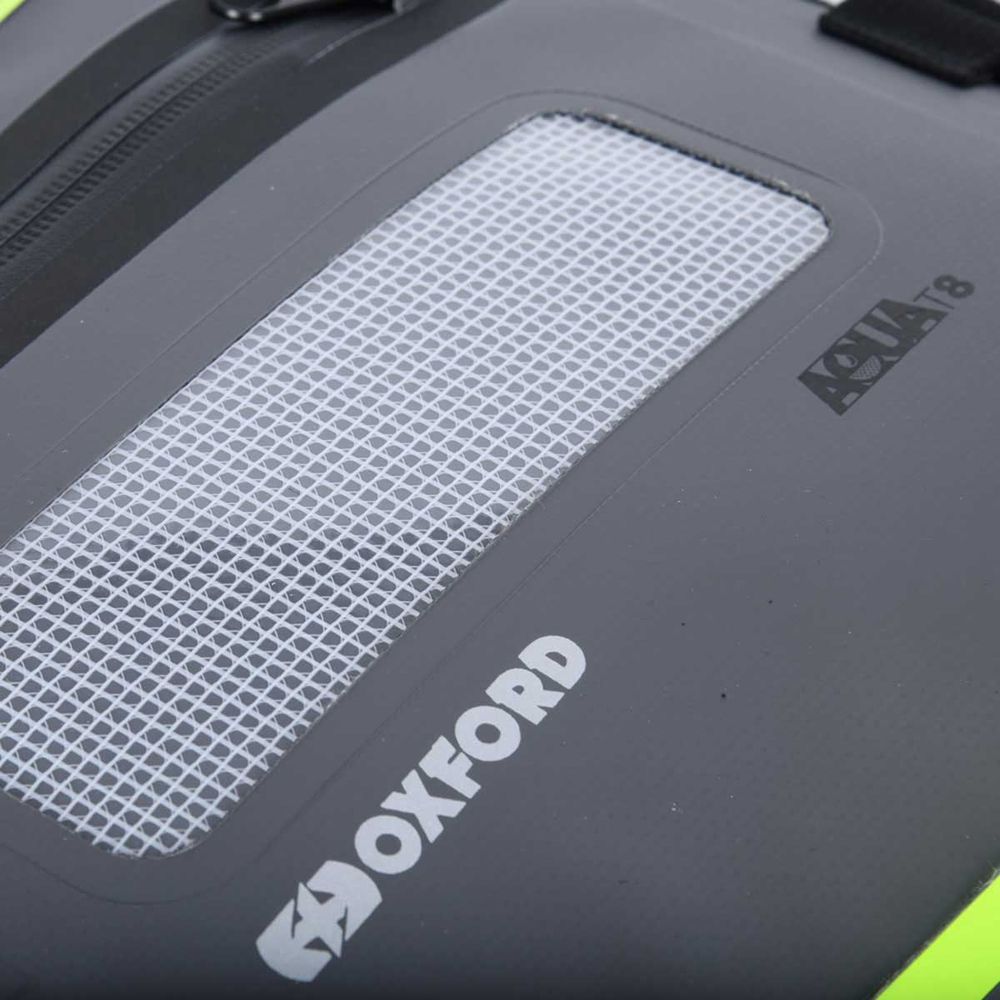 Oxford Aqua T8 Tail Bag Black / Grey / Fluo Yellow - 8 Litres reflective mesh panel detail