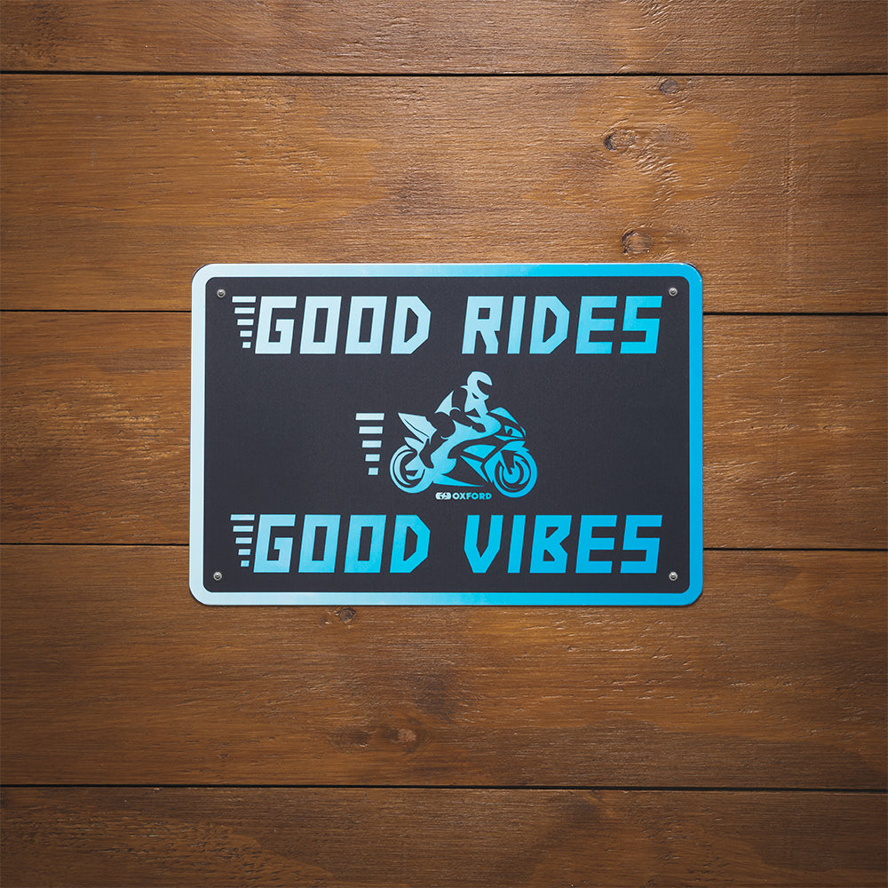 Oxford Good Vibes Garage Metal Sign - 30cm x 20cm x 0.25mm - garage sign displayed on wall