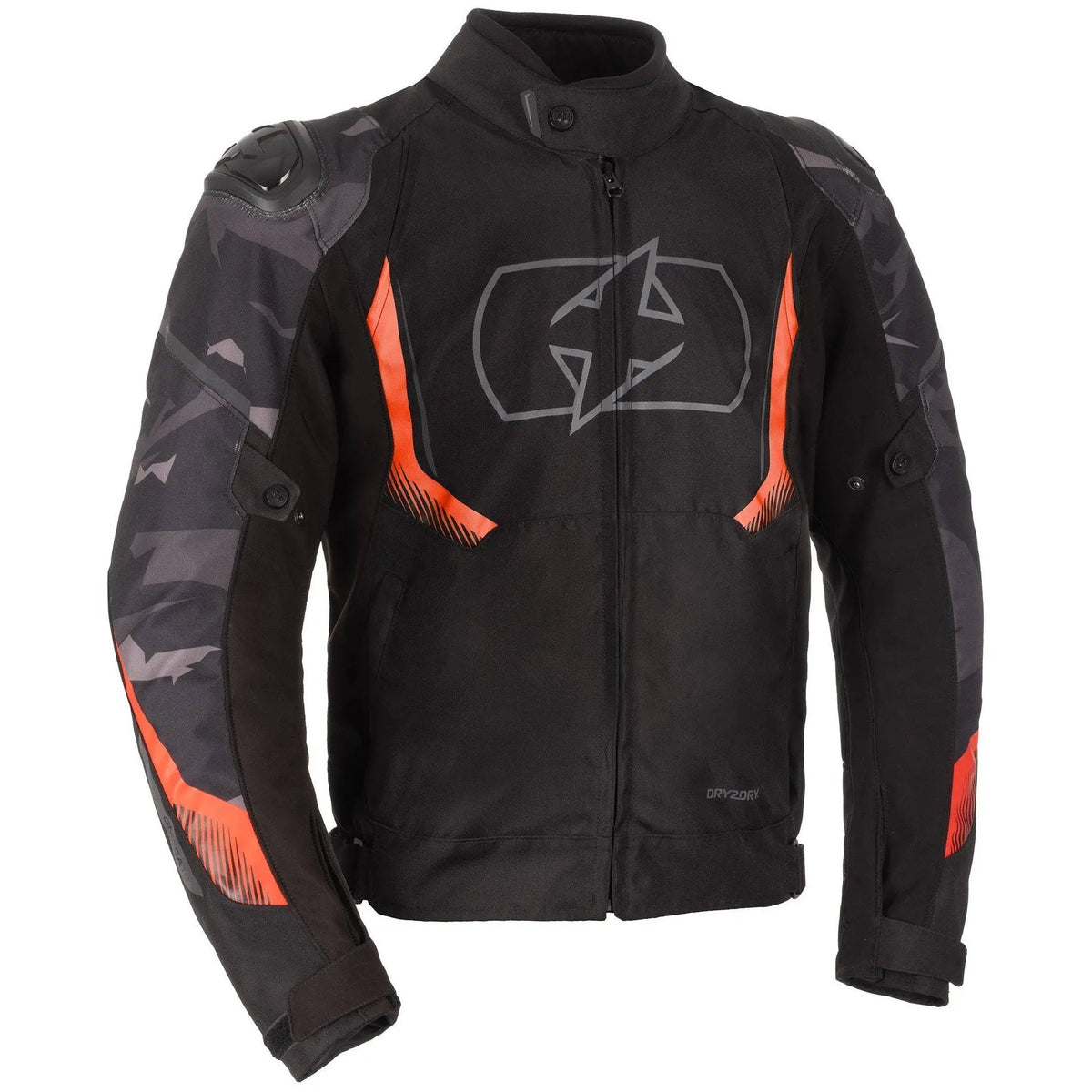 Oxford Omega 1.0 Dry2Dry Men's Waterproof Motorcycle Jacket Black / Camo / Red front product view