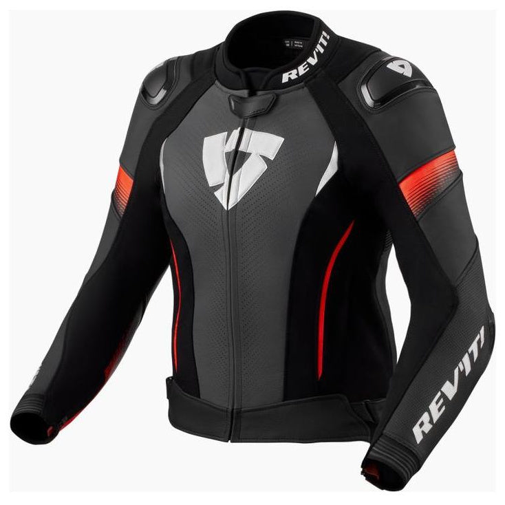 Revit Xena 4 Pro Ladies Leather Jacket Black / Neon Red, front view