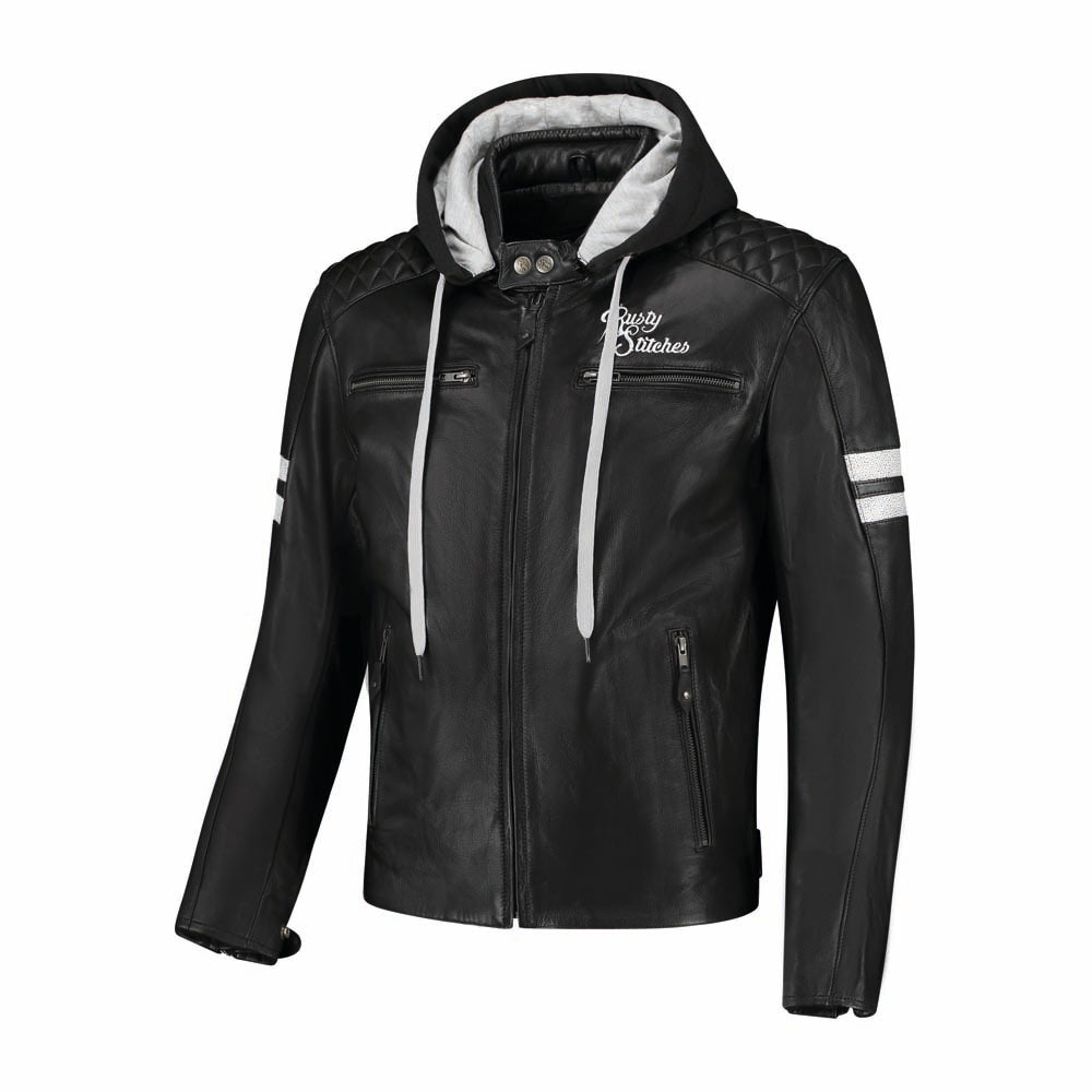 Rusty Stitches Jari Hooded V2 Leather Jacket Black / White - FREE UK Delivery, FREE 365 Day Returns | Moto Central