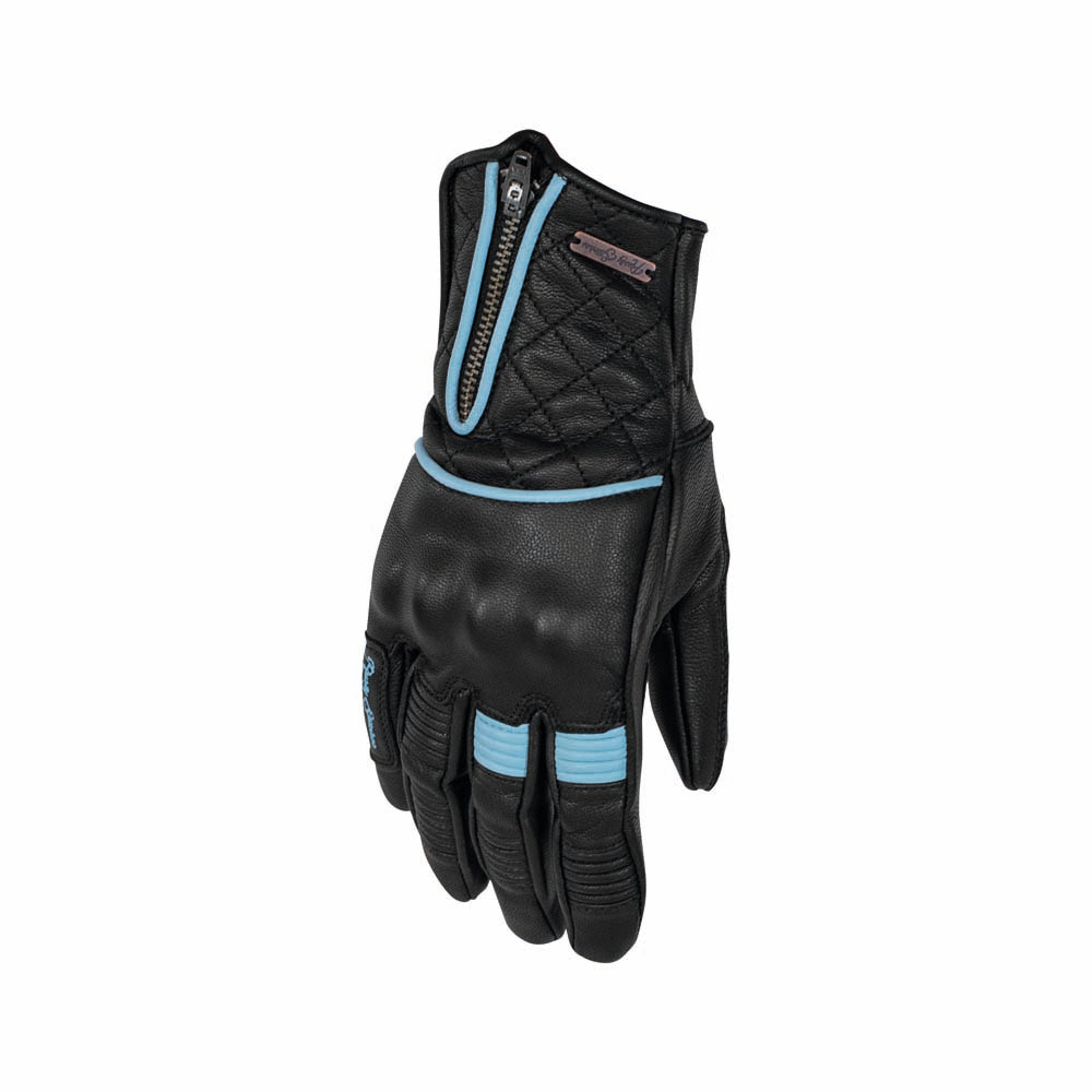 Rusty Stitches Lilly Ladies Leather Gloves Black / Pastel Blue - FREE UK Delivery, FREE 365 Day Returns | Moto Central