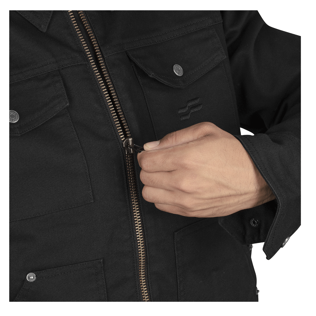 Silk Road Utility Textile Jacket Charcoal Black – chest zip detail