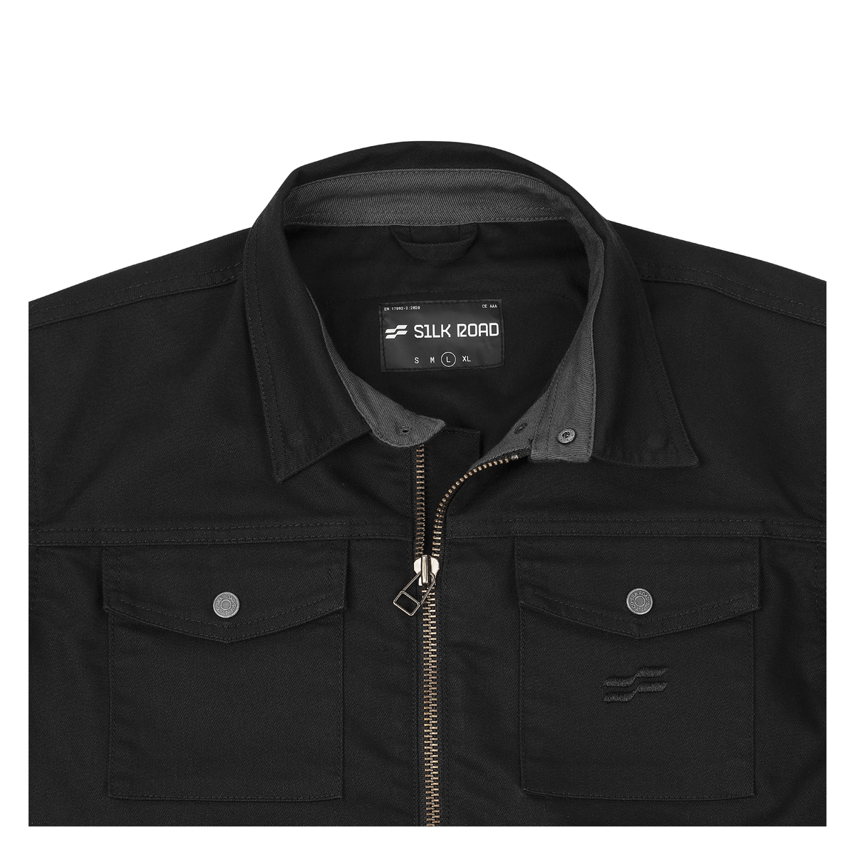 Silk Road Utility Textile Jacket Charcoal Black – collar detail