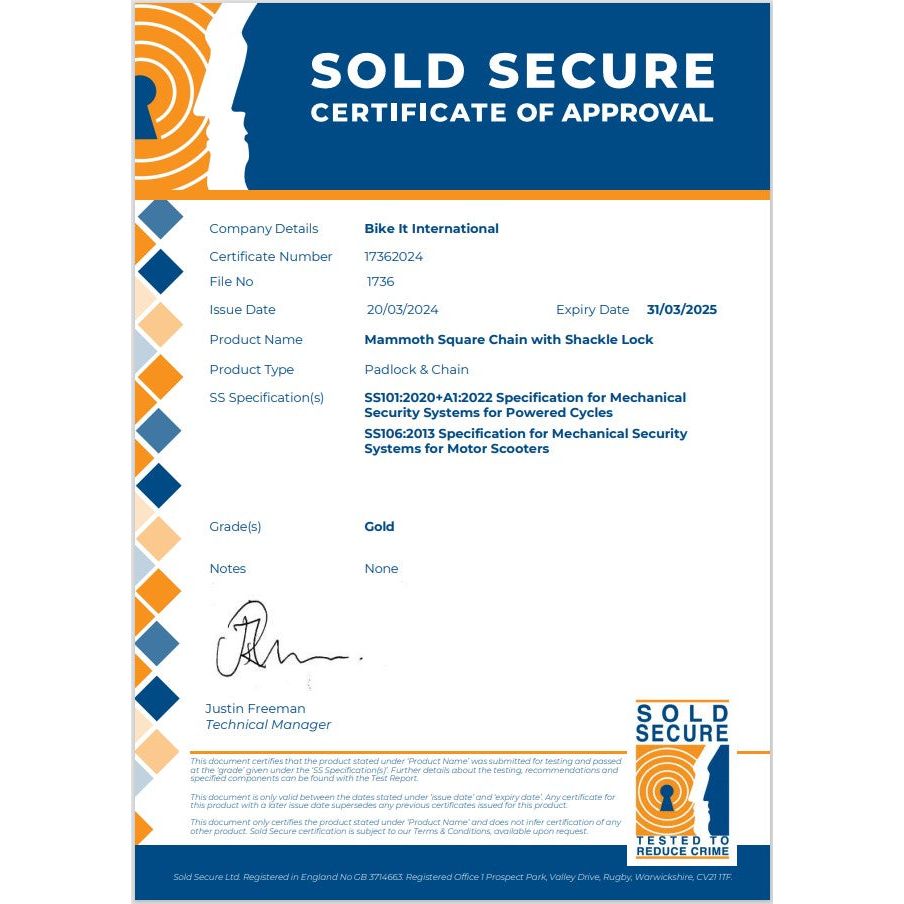 Mammoth Security Sold Secure Gold Approved 12mm X 1.8 M Square Chain With Shackle Lock
