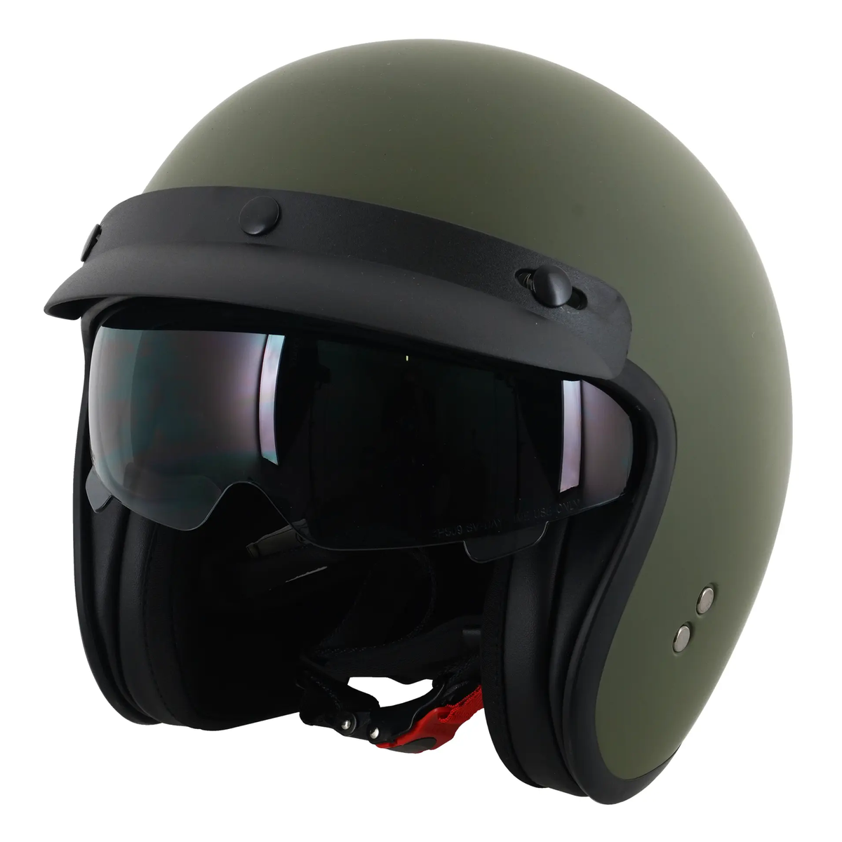 Stealth HS391 With Peak Matt Green open-face motorcycle helmet, visor-down left-side view