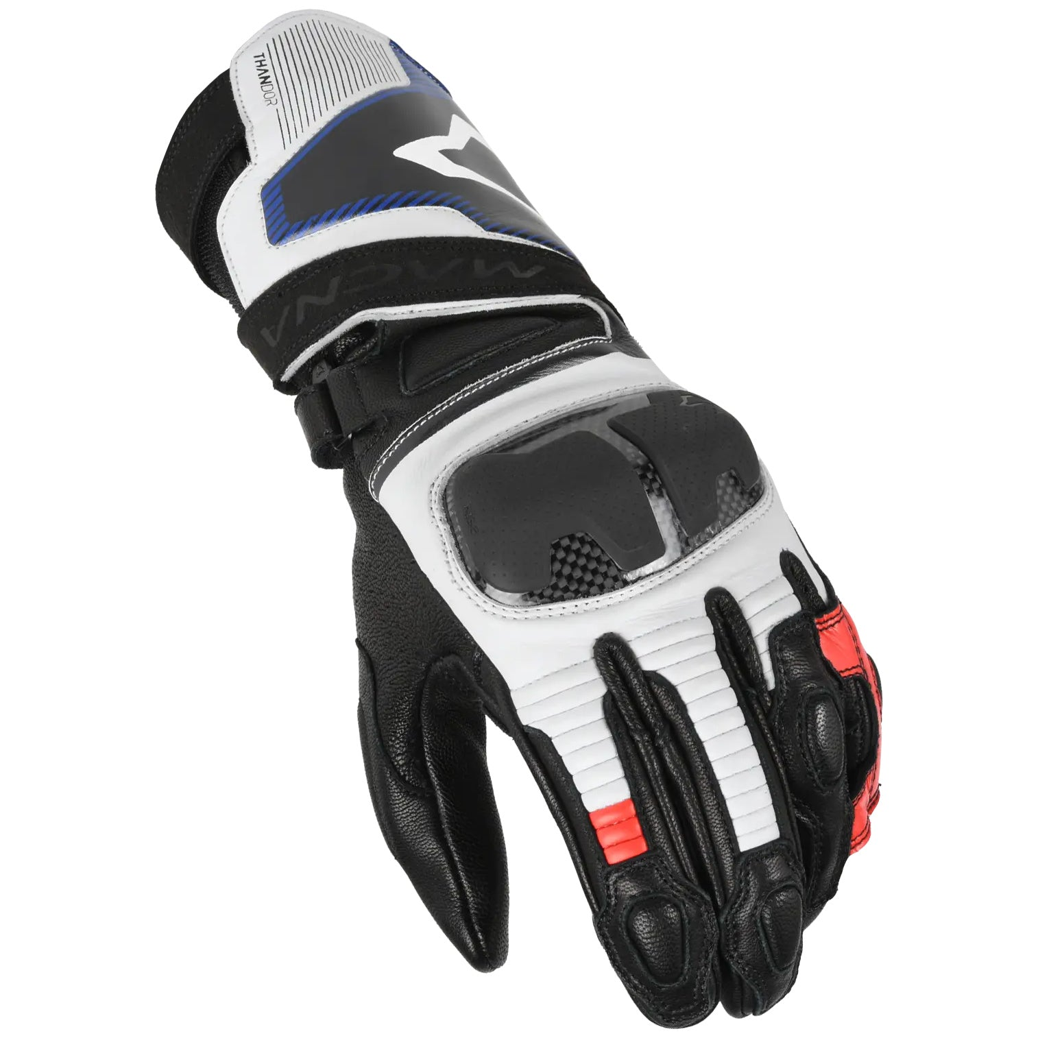 Macna Thandor Leather Gloves White / Red / Blue – knuckle view
