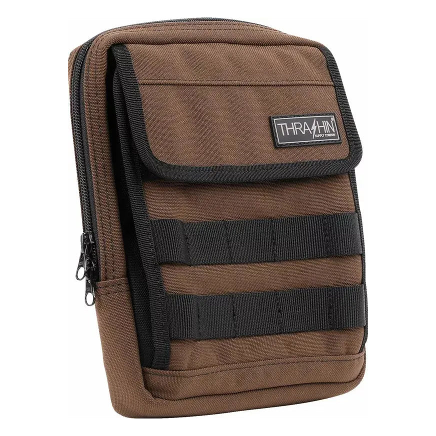 Thrashin Supply Company Slim Handlebar Bag Brown – motorcycle handlebar bag – three-quarter view