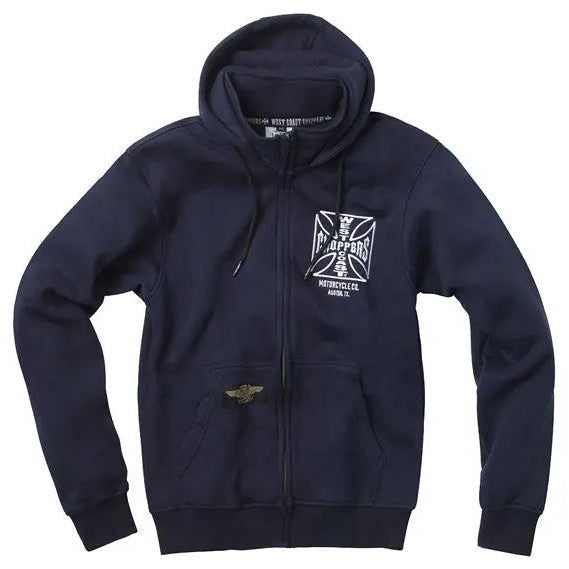 West Coast Choppers OG ATX Zip Hoodie Navy Blue, front three-quarter view