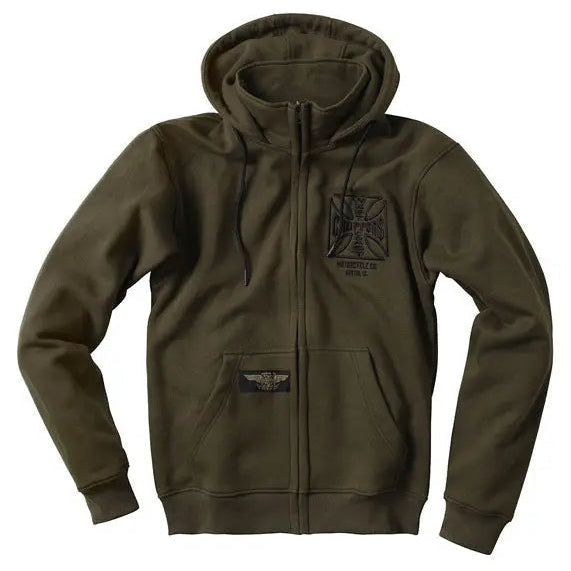 West Coast Choppers OG ATX Zip Hoodie Olive Green, front three-quarter view