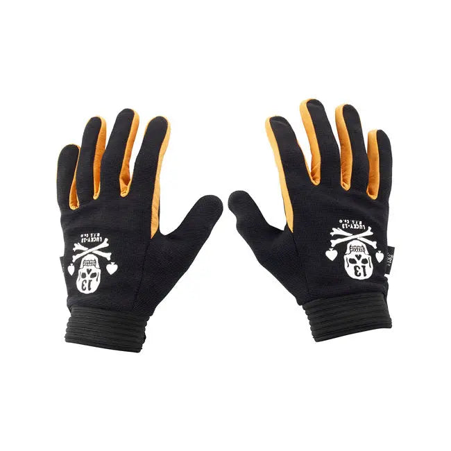 Lucky 13 Pirate Skull Leather & Textile Gloves Black / Yellow - FREE UK Shipping, FREE 365 Day Returns | Moto Central