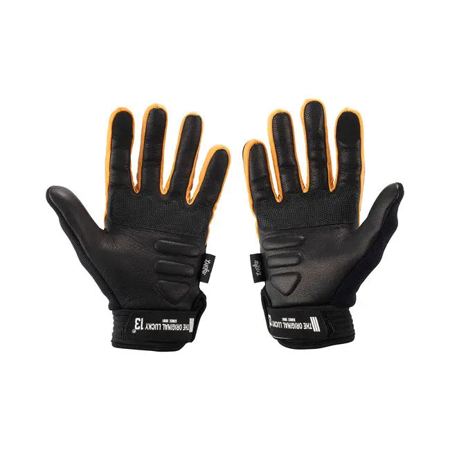 Lucky 13 Pirate Skull Leather & Textile Gloves Black / Yellow - FREE UK Shipping, FREE 365 Day Returns | Moto Central
