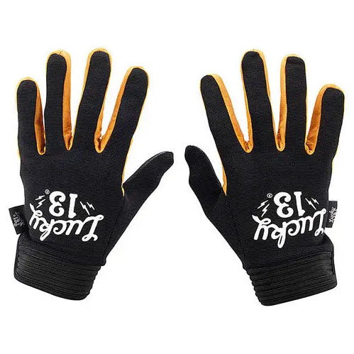 Lucky 13 Shocker Leather & Textile Gloves Black / Yellow — back-of-hand pair view