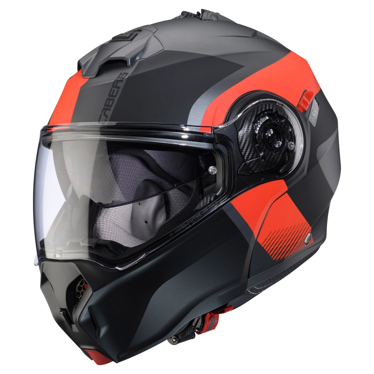 Caberg Duke Evo Indy Matt Gun Metal / Fluo Red / Black flip-front helmet, closed in front three-quarter view