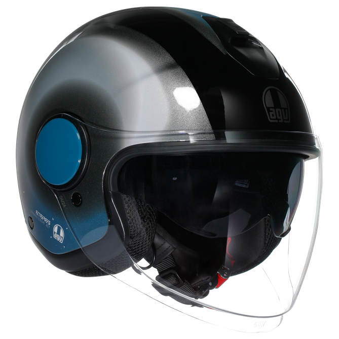 AGV Eteres Levanto Black / Silver / Blue motorcycle helmet, front three-quarter view