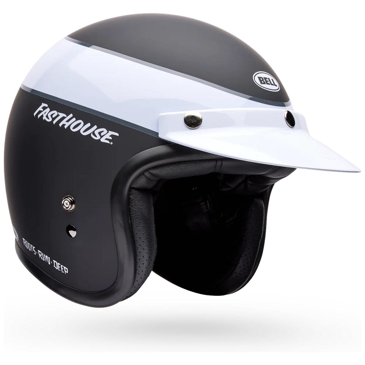 Bell Custom 500 Fasthouse LE ECE 22.06 Black open-face motorcycle helmet, front three-quarter view