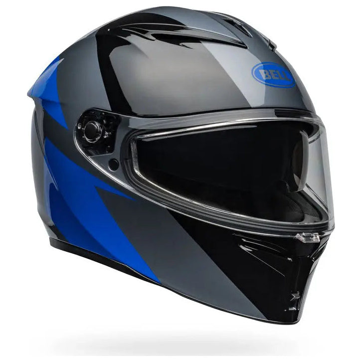 Bell Lithium Shear ECE 22.06 Grey / Blue full-face motorcycle helmet, front-right three-quarter view