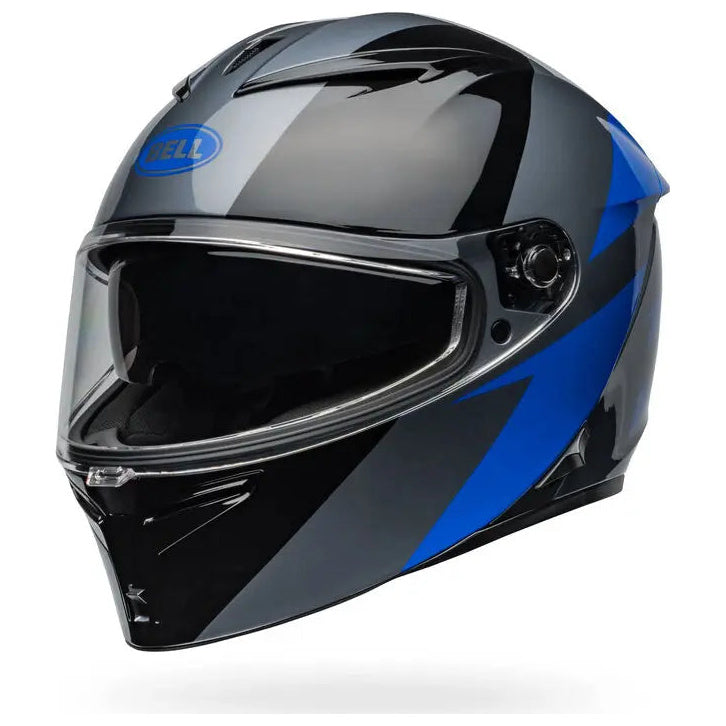 Bell Lithium Shear ECE 22.06 Grey / Blue full-face motorcycle helmet, front-left three-quarter view
